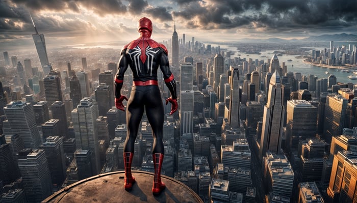Spiderman overlooking a city skyline