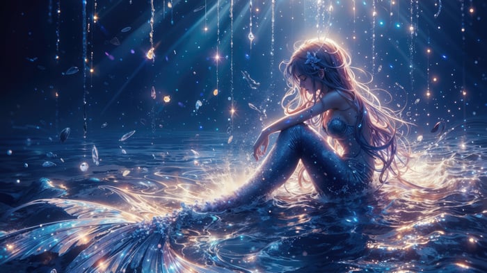 A lonely mermaid sits in the water