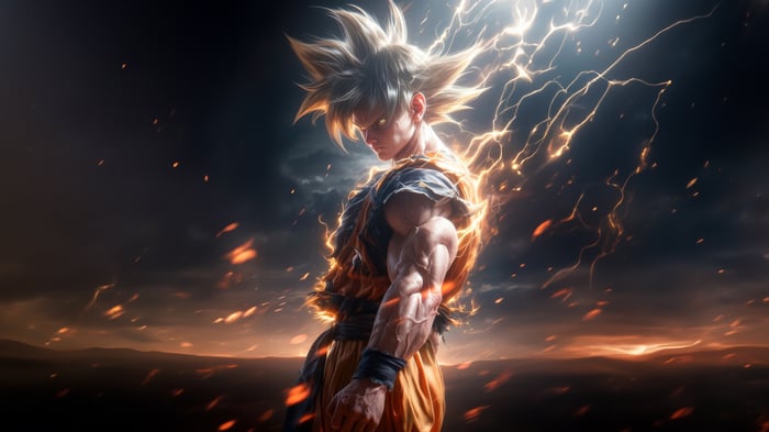Goku in a powerful stance with lightning
