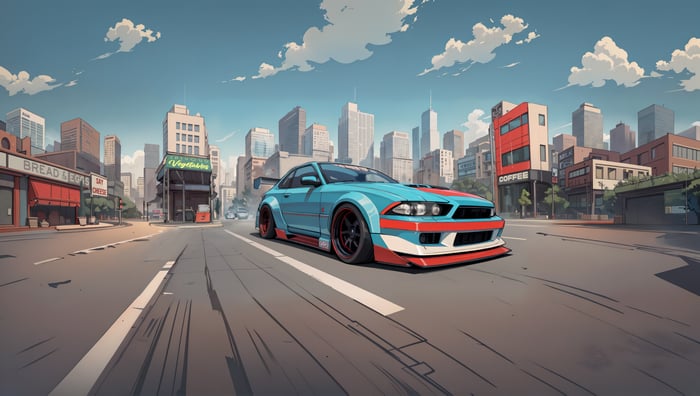 Cyber Ride: Blue and Red Sports Car in City