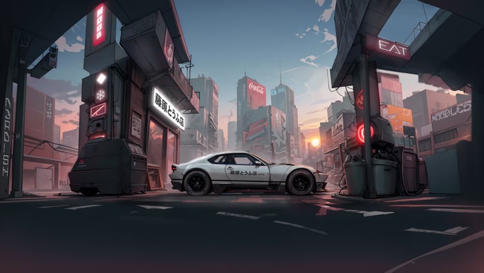 White sports car on a street in a Japanese city at sunset
