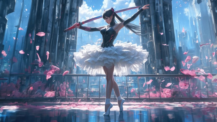Ballerina Girl With Katana in Futuristic City