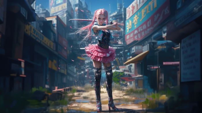 Samurai Girl with Pink Hair in Cyberpunk Alley