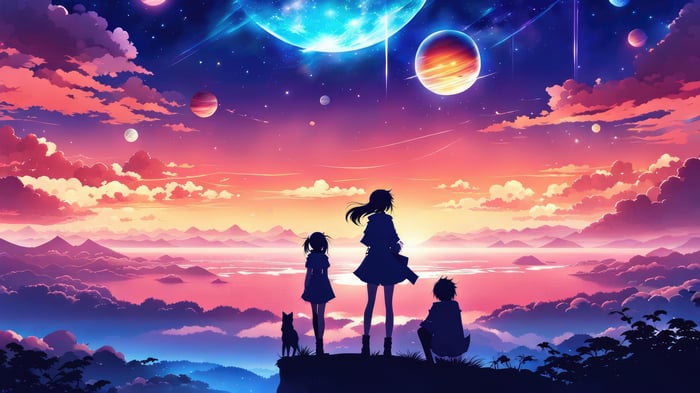 Anime characters and dog looking at planets in the sky