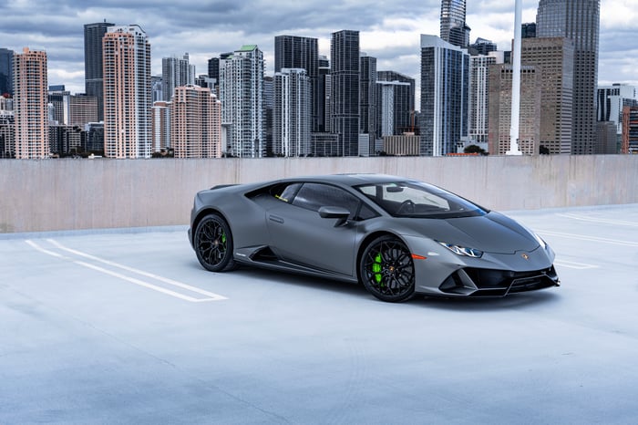 Gray Lamborghini Huracan parked in a city