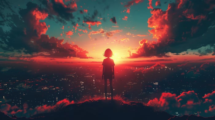 Girl overlooking a city at sunset
