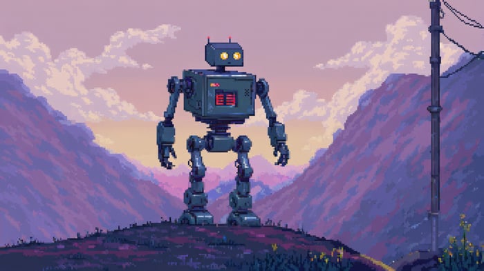 A robot stands on a hill at sunset