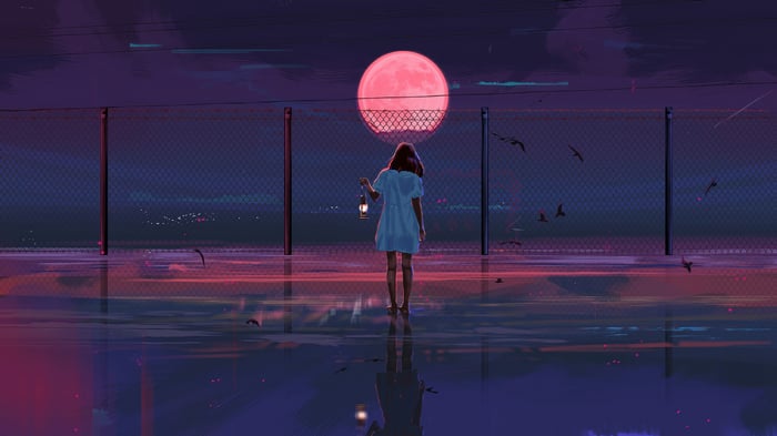 Girl with lantern under a large pink moon