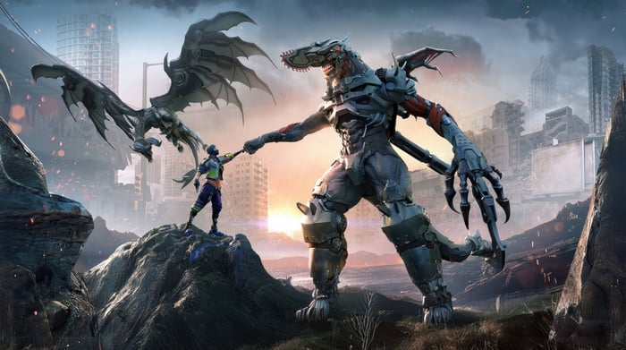 A giant robot and a winged creature face a person