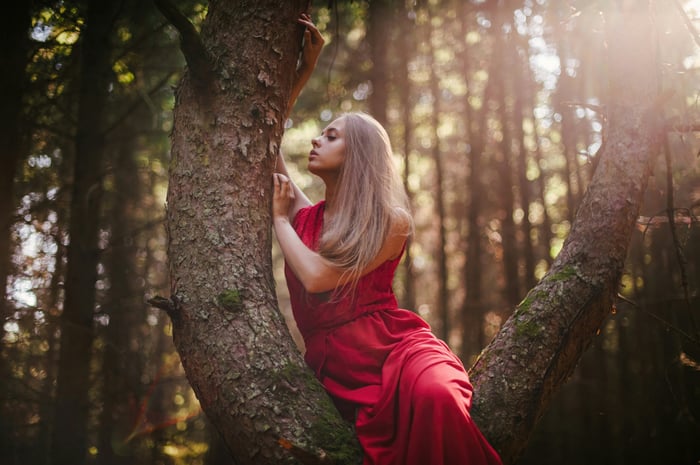 Woman in red dress in a forest