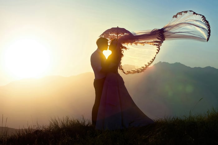 Bride and Groom Silhouette Kissing at Sunset