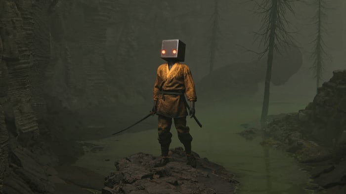 A figure with a cube head and glowing eyes stands in a swamp.