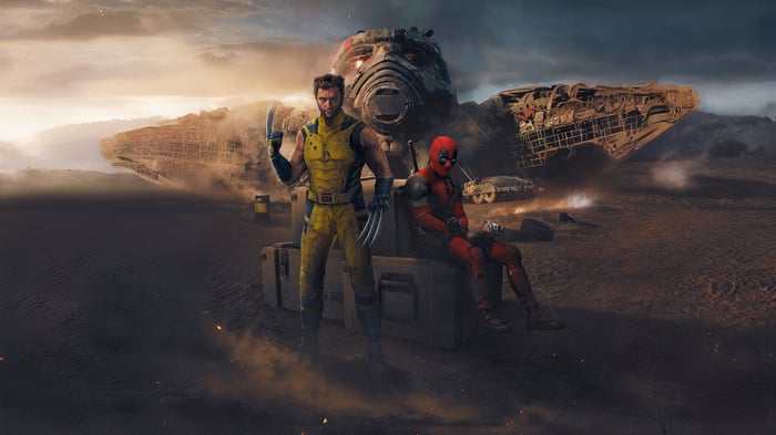 Deadpool and Wolverine with crashed spaceship