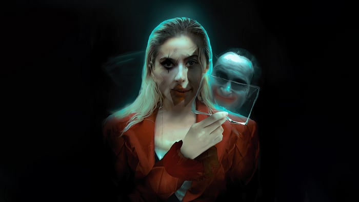 Joker and woman with broken glass