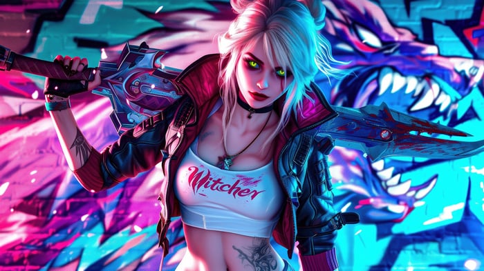 Ciri from The Witcher in a Cyberpunk setting