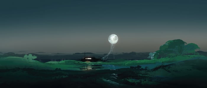 Moon Jellyfish Over A Boat At Night