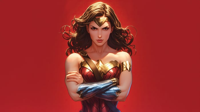Wonder Woman with arms crossed on red background