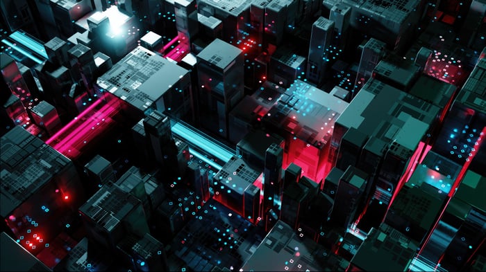 Abstract Digital Cityscape with Neon Lights