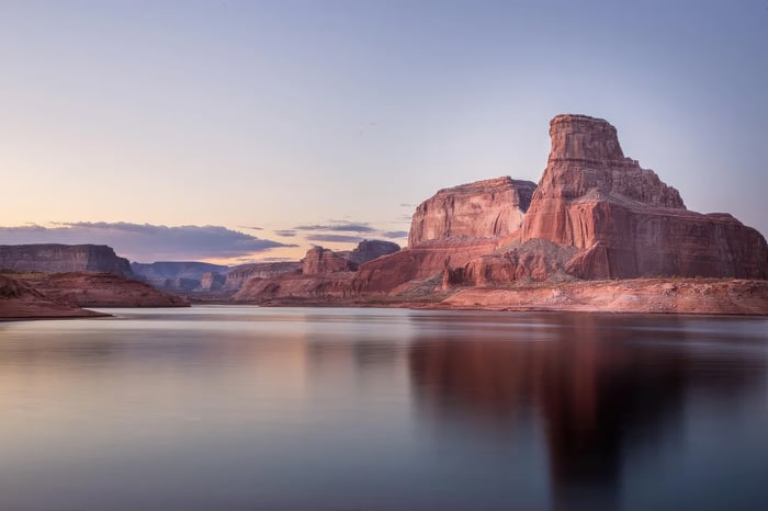 Gunsight Butte at Lake Powell during sunset