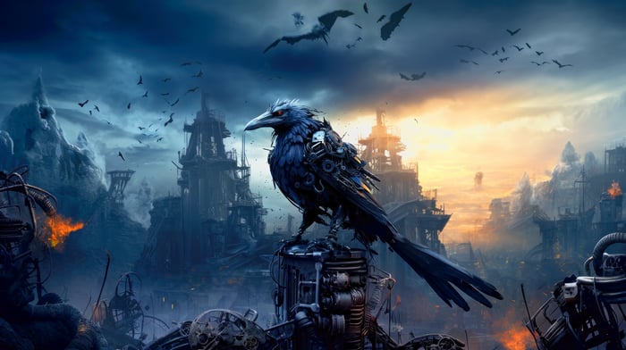 Mechanical Crow in a Post-Apocalyptic Cityscape