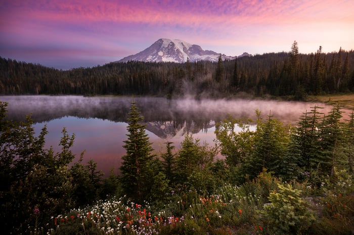 Mount Rainier National Park at Sunrise with Fog