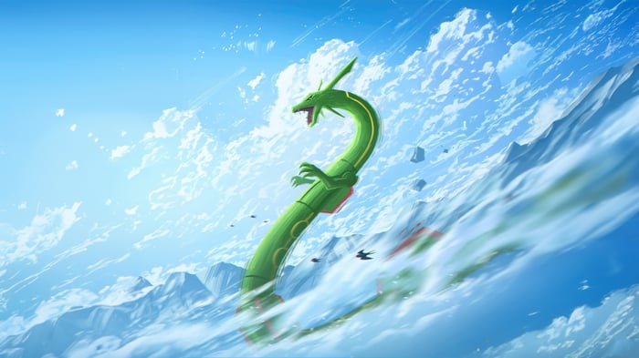 Rayquaza Pokemon flying through clouds and mountains