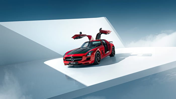Red Mercedes-AMG SLS GT with Gullwing Doors