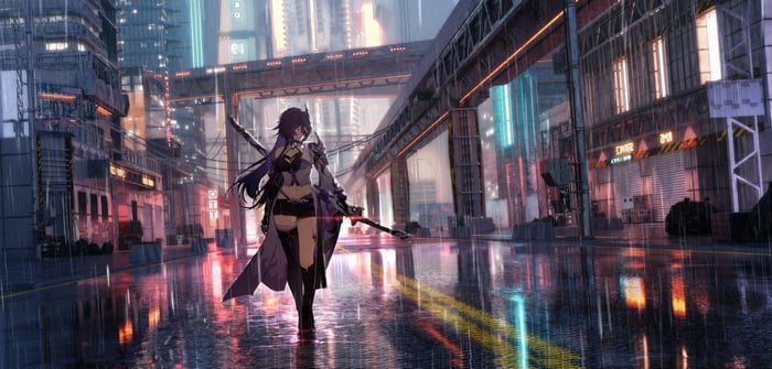 Acheron from Honkai Star Rail in a rainy city