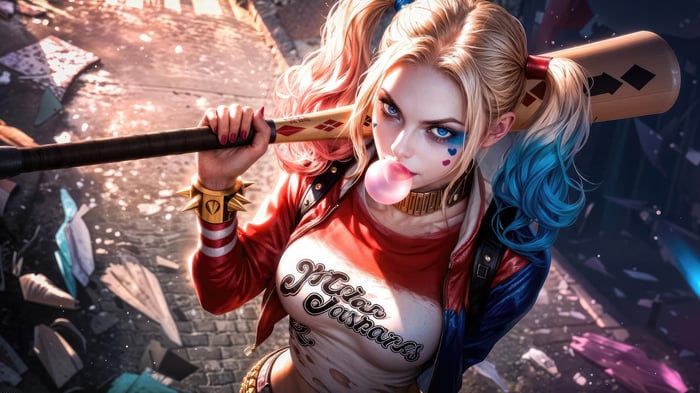 Harley Quinn with a baseball bat and bubblegum