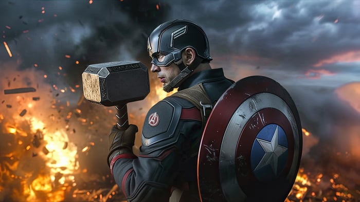 Captain America holding Mjolnir with explosion in background