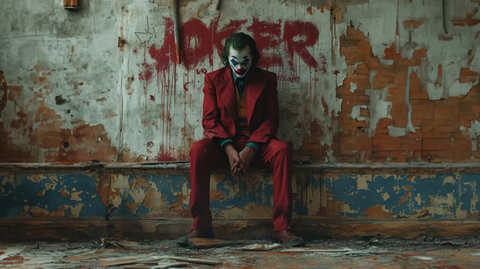 Joker sitting in front of graffiti wall