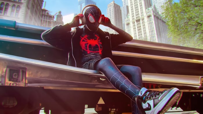 Miles Morales wearing headphones on a train