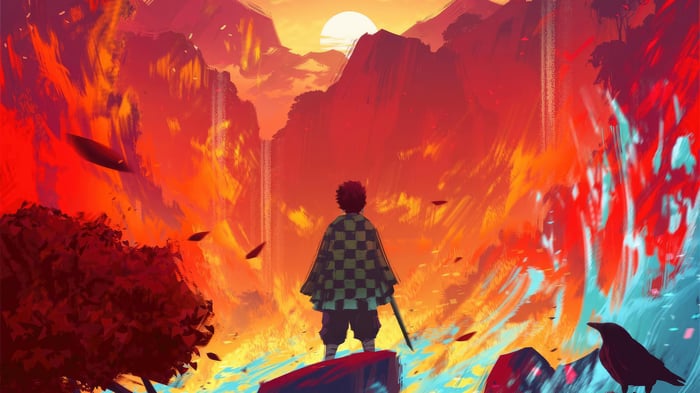 Tanjiro Kamado in a fiery landscape