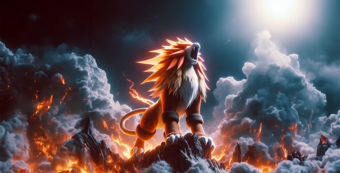Entei, the Master of Fire, roars amidst flames