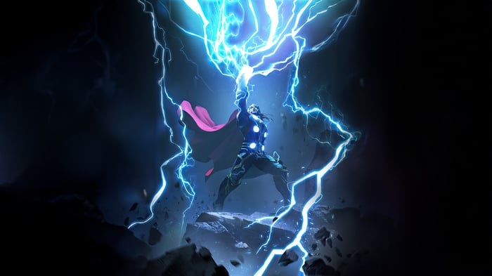 Thor wielding Mjolnir amidst lightning strikes