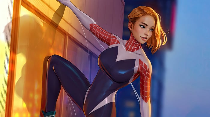 Gwen Stacy in Spider-Woman Costume on Building