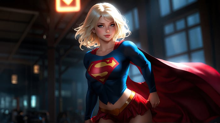 Supergirl in a blue and red costume