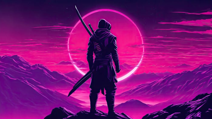 Ninja watching over the universe with swords