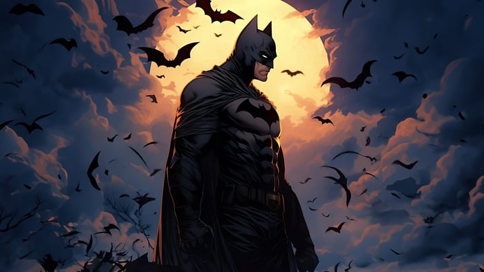 Batman Standing in Front of a Full Moon with Bats