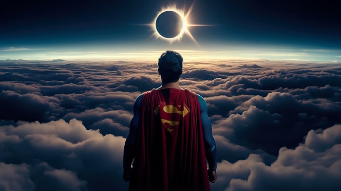 Superman stands above clouds during a solar eclipse