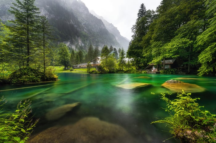 Blausee Lake in Switzerland with Mountains and Forest