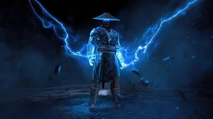 Raiden from Mortal Kombat with blue lightning
