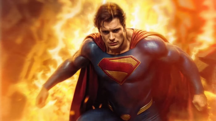 Superman in front of a fire