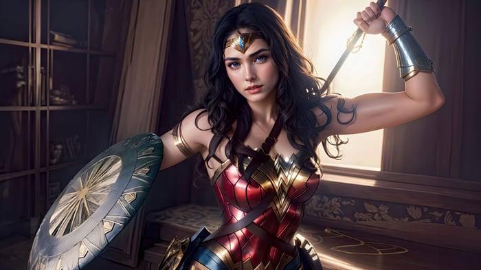 Wonder Woman holding a sword and shield