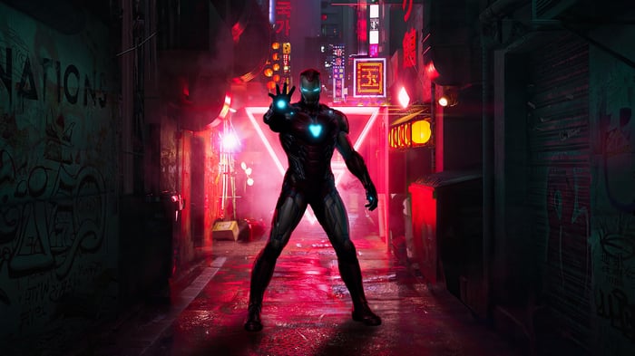 Iron Man in a Neon-Lit Cyberpunk Alley