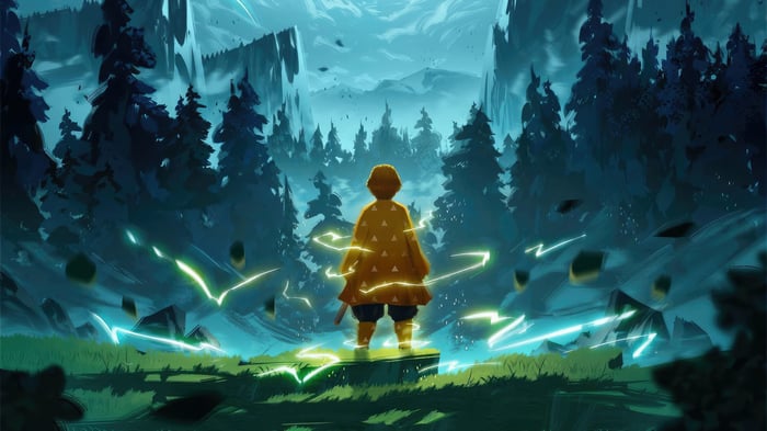 Zenitsu Agatsuma in a forest with lightning effects