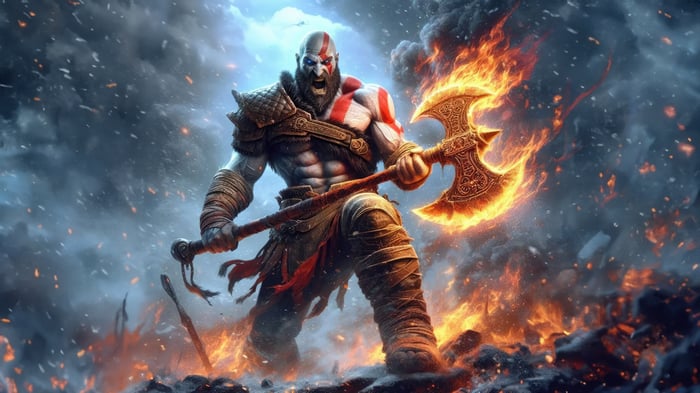 Kratos with a flaming axe