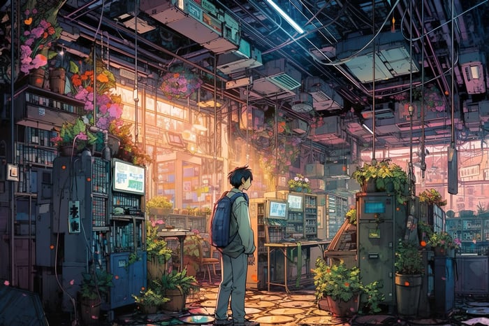 Boy in a Sci-Fi Realm with Plants