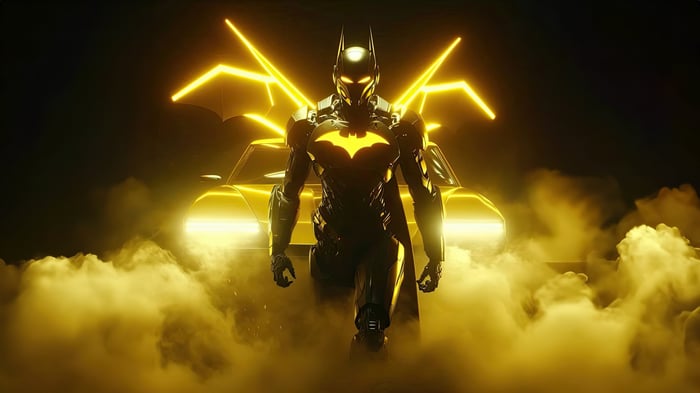 Batman Beyond in a futuristic yellow suit with a car