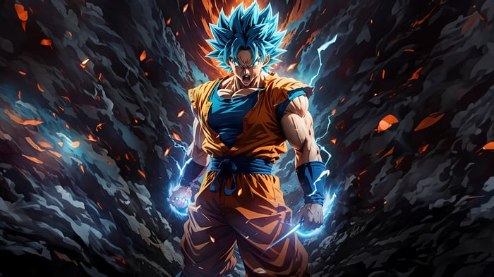 Goku in Super Saiyan Blue form with lightning